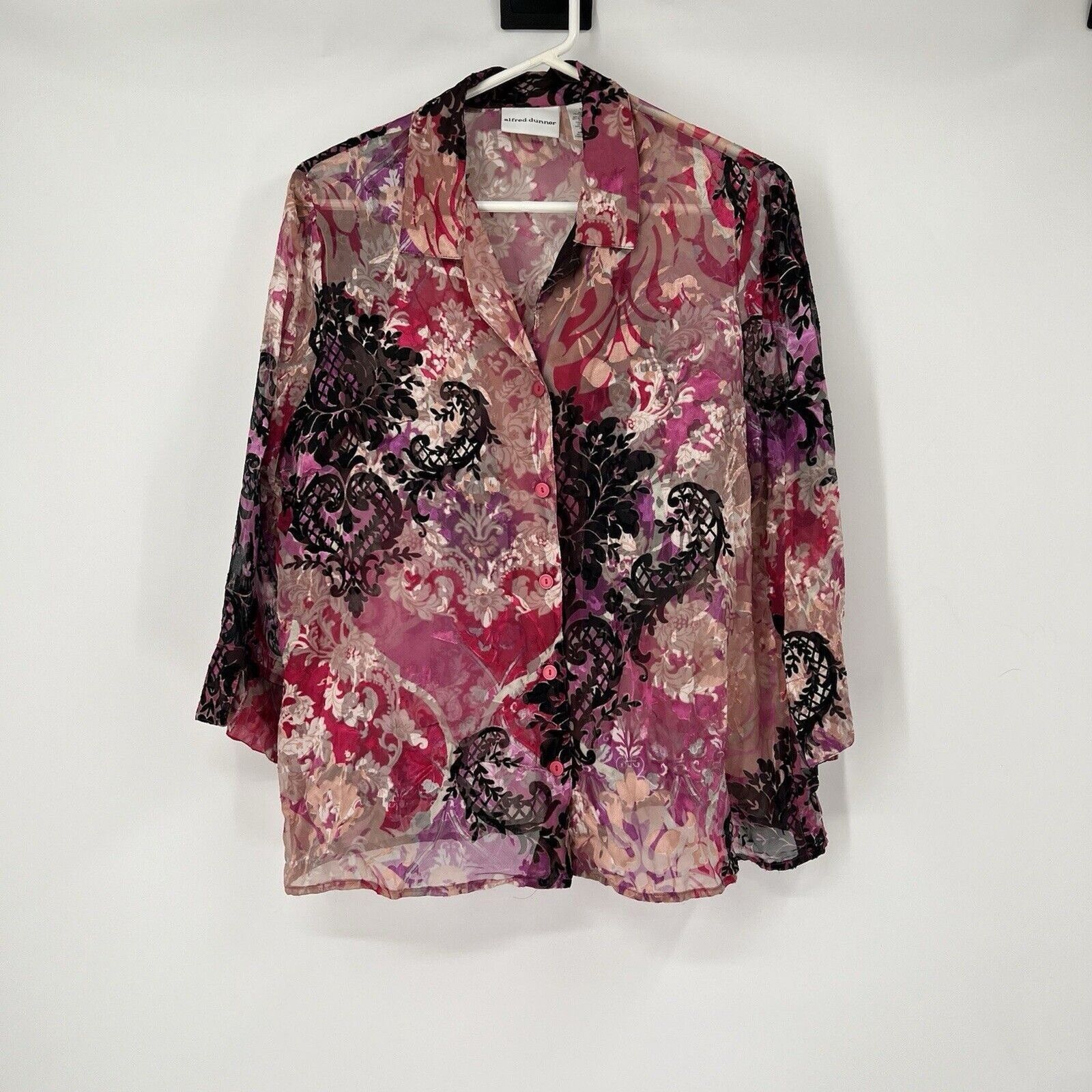 Alfred Dunner 12 Pink Sheer Floral Button Blouse Demure Fairy Summer Cruise
